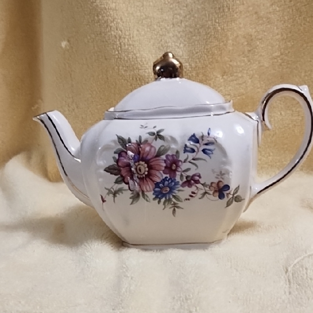 Floral White Teapot with Gold Accents